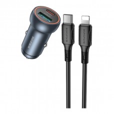 Автомобільний Зарядний Пристрій Borofone BZ32A 1USB/1USB-C QC/PD30W+Type-C to Lightning Сiрий