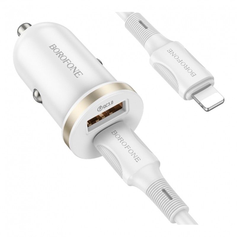 Автомобільний Зарядний Пристрій Borofone BZ22 1USB/1USB-C QC/PD30W+Type-C to Lightning Бiлий