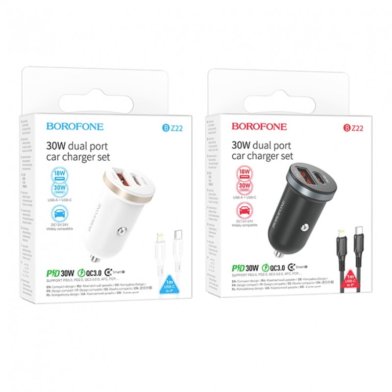 Автомобільний Зарядний Пристрій Borofone BZ22 1USB/1USB-C QC/PD30W+Type-C to Lightning Бiлий