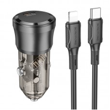 Автомобільний Зарядний Пристрій Borofone BZ24 1USB-C QC/PD20W+Type-C to Lightning Прозоро-чорний
