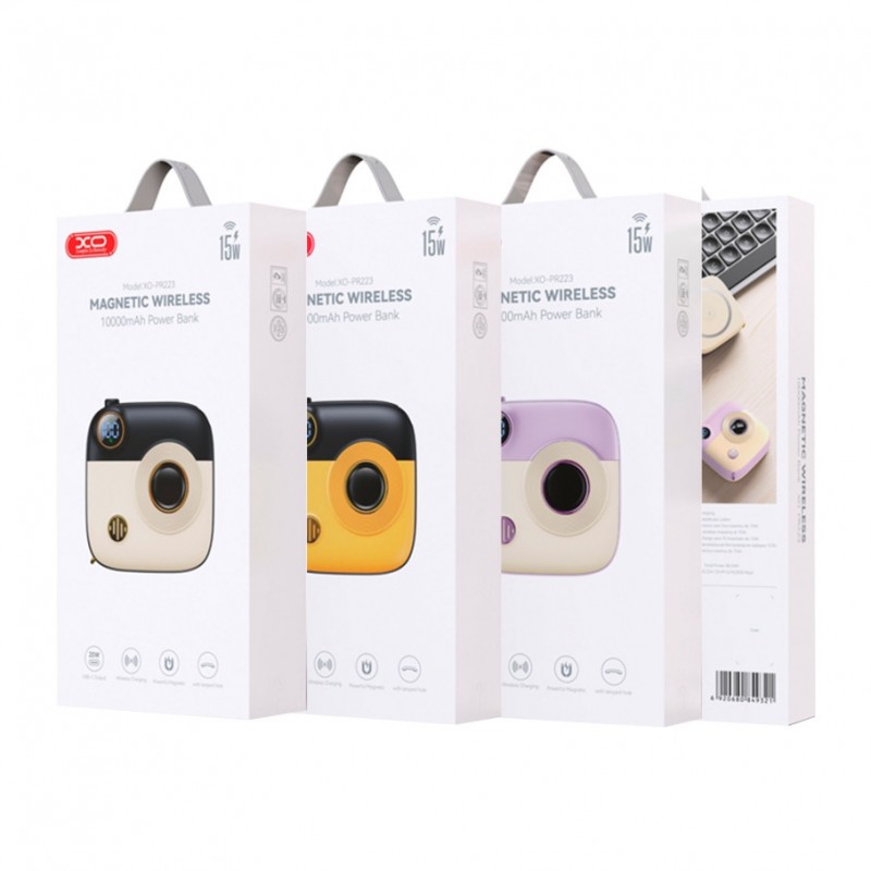 Універсальна Мобільна Батарея Power Bank XO PR223 Magnetic 15W mini camera digital display 10000mAh Фiолетовий+бiлий