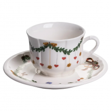 Чашка з блюдцем новорічна порцелянова з різдвяним принтом «Різдвяна гірлянда» YY78-11A-4