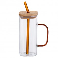 Скляна чашка 400 мл з бамбуковою кришкою і золотистою трубочкою HP-19-146GOLD