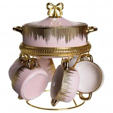 Суповий сервіз на 6 персон супниця 2 (л) на підставці з бульйонницями 400 (мл) тарілки для супу Рожевий з золотом FM-A23-5