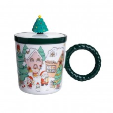 Чашка порцелянова з кришкою Ялинка 400 (мл) Зелена Yiwu FM-CS-36B