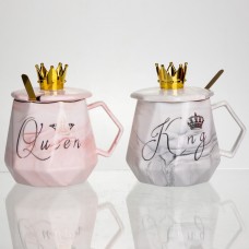 Набір парних порцелянових чашок Queen&King 2 (шт) по 400 (мл) чашки на подарунок із кришкою та ложкою FM-30