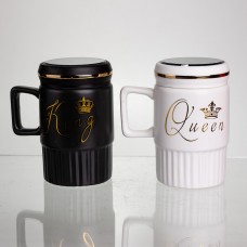 Набір парних порцелянових чашок з кришкою 2 (шт) по 450 (мл) Чорний з білим Yiwu FM-26