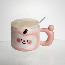 Чашка порцелянова 400 (мл) з кришкою та ложкою, оригінальна кружка на подарунок чашка для дітей Рожевий FM-25C