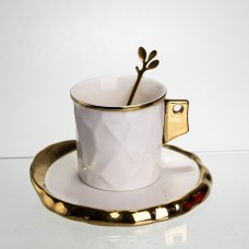 Чашка порцелянова для кави 200 (мл) з блюдцем і ложкою, гарна чашка в подарунок Білий із золотом FM-1B