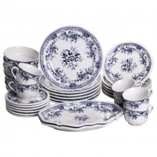 Столовий набір посуду тарілок і чашок 32 предмети на 6 персон Vintage Elegant порцеляновий, обідній столовий сервіз тарілок Синій