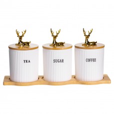 Набір порцелянових банок для сипучіх на бамбуковій підставці 3 шт. по 400 мл для чаю кави цукру SCT-652