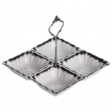 Менажниця порцелянова на 4 секції для закусок 18×18×3 (см) з ручкою Білий з сріблом LC-BYL-100-S