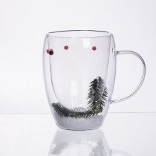 Чашка скляна з подвійними стінками з новорічним декором гілочка з ялинки 350 мл 64486-44
