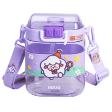 Пляшка для води дитяча з трубочкою та ремінцем 560 мл пляшечка для пиття в школу 15 см Фіолетова HP-14-36V