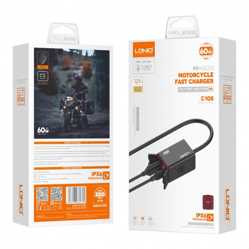 Авто-Мото Інвертор LDNIO C108 1USB/1USB-C 60W+Type-C to Type-C Чорний
