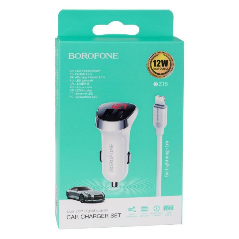 Автомобільний Зарядний Пристрій Borofone BZ15 Lightning 2USB 2.4A Колір Бiлий