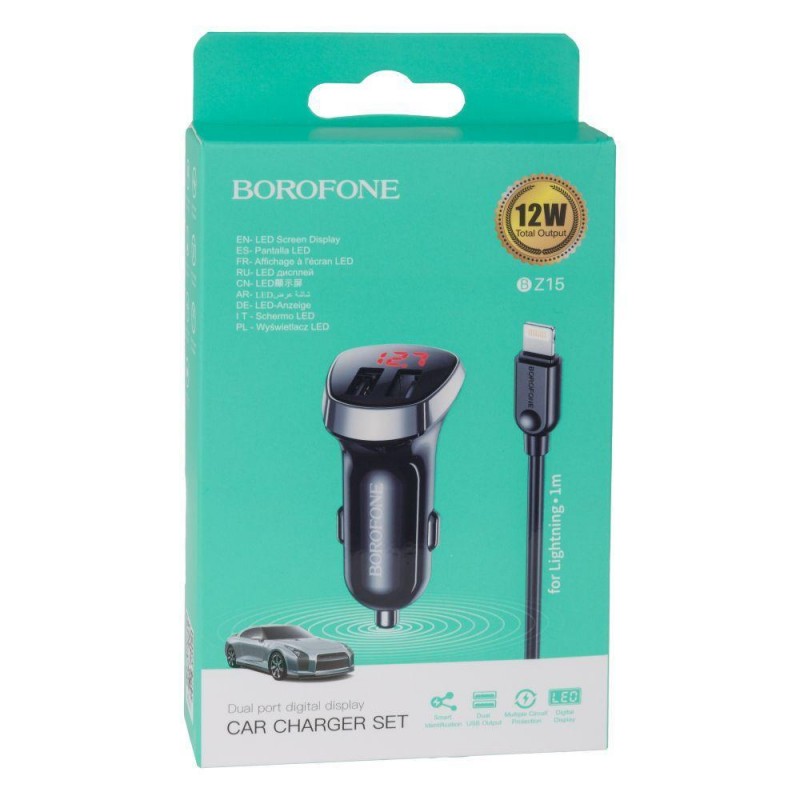 Автомобільний Зарядний Пристрій Borofone BZ15 Lightning 2USB 2.4A Колір Бiлий