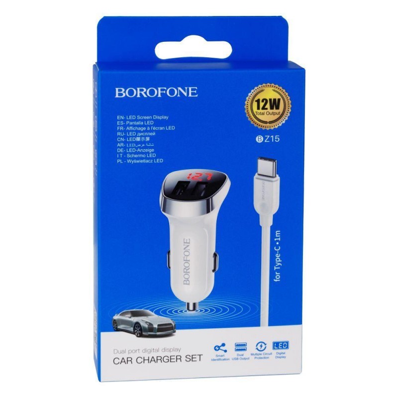 Автомобільний Зарядний Пристрій Borofone BZ15 Type-C 2USB 2.4A Колір Бiлий