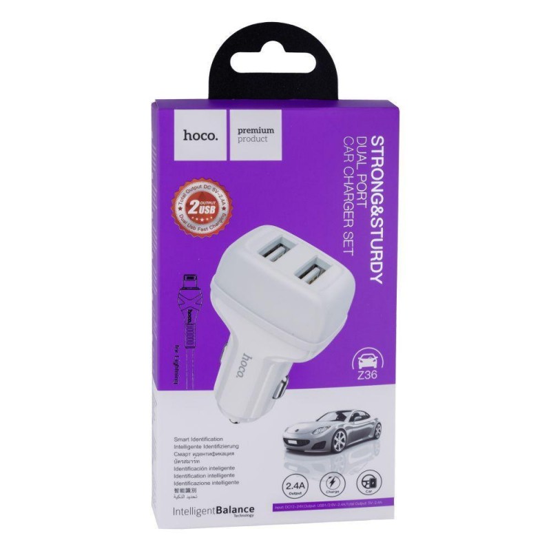 Автомобільний Зарядний Пристрій Hoco Z36 Lightning 2USB Колір Бiлий
