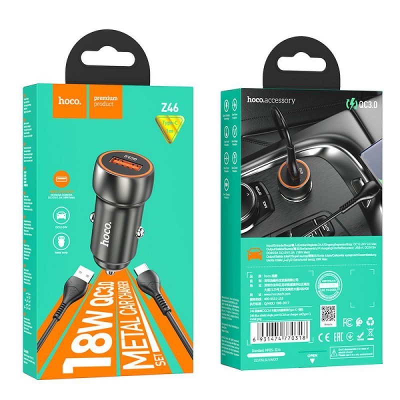 Автомобільний Зарядний Пристрій Hoco Z46 QC3.0 18W Type C Колір Сапфірово-синій