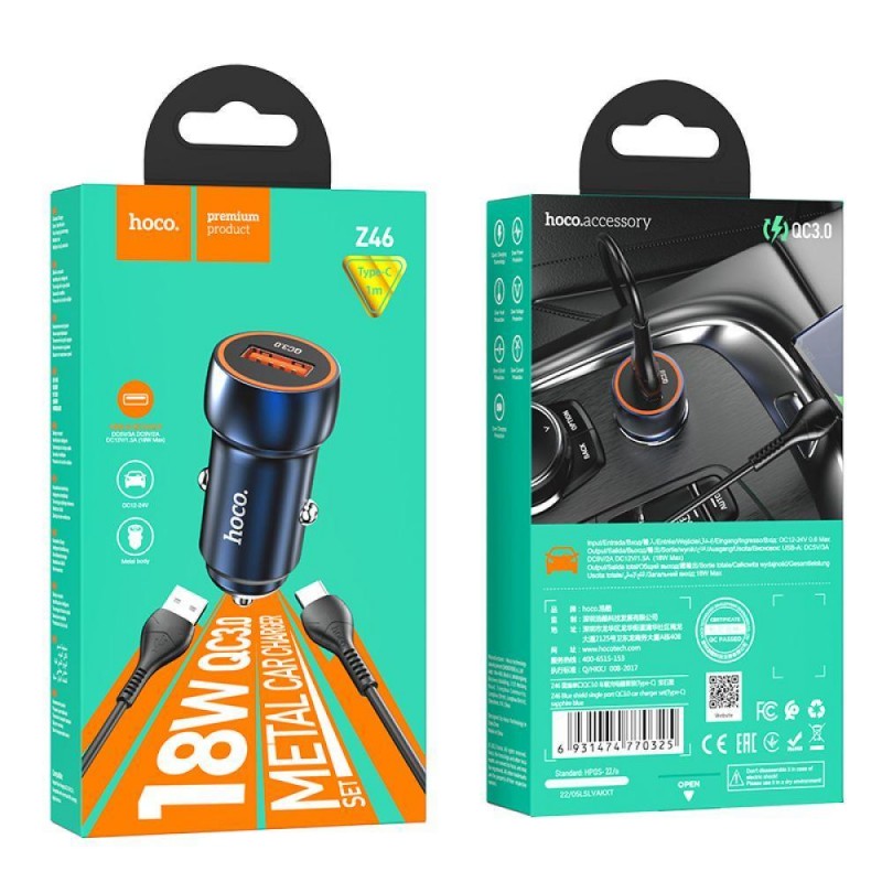 Автомобільний Зарядний Пристрій Hoco Z46 QC3.0 18W Type C Колір Сапфірово-синій