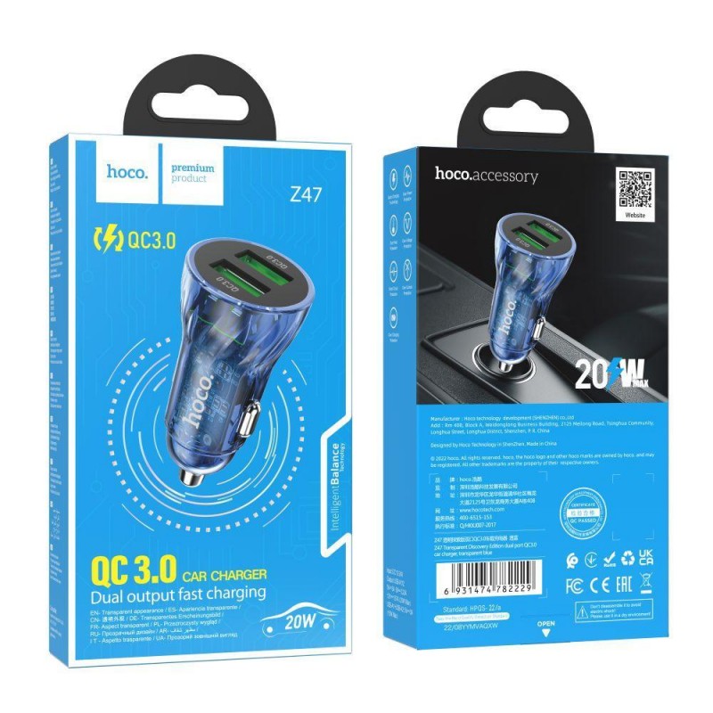 Автомобільний Зарядний Пристрій Hoco Z47 Transparent QC3.0 18W Колір Прозорий синій