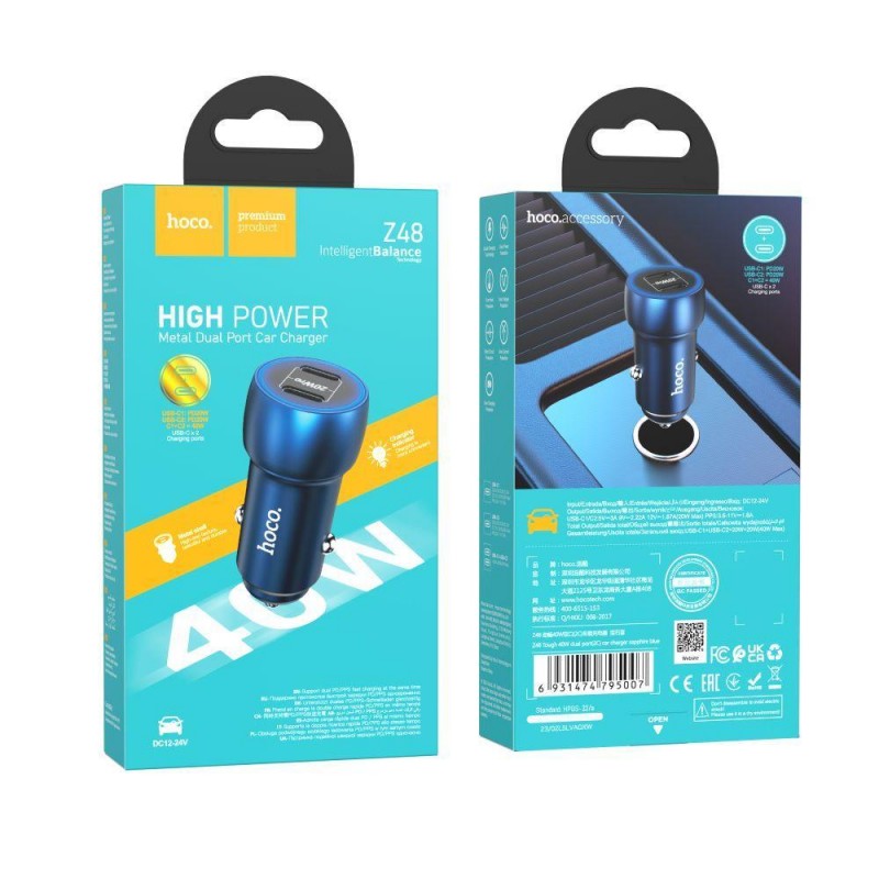Автомобільний Зарядний Пристрій Hoco Z48 Tough 40W dual port(2C) Колір Сапфірово-синій