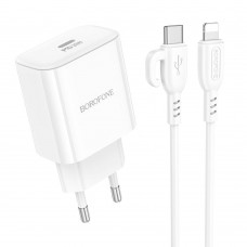 Мережевий Зарядний Пристрій Borofone BA81A 1USB-C PD/QC 20W+Type-C to Lightning Бiлий