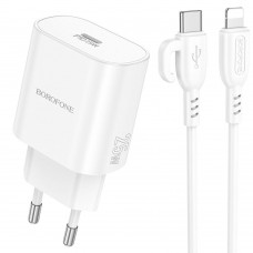 Мережевий Зарядний Пристрій Borofone BA82A 1USB-C PD/QC 25W+Type-C to Lightning Бiлий