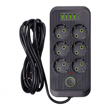 Сетевой фильтр удлинитель F06U на 6 розеток 4 USB 1 Type-C и кнопкой отключения 3 м Черный HP-5-24
