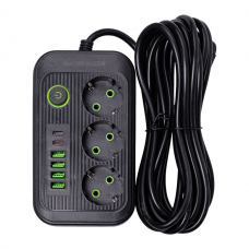 Сетевой фильтр удлинитель F16 на 3 розетки 4 usb 2 type-c и кнопкой отключения 4.75 м Черный HP-5-22