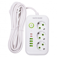 Сетевой фильтр удлинитель F16 на 3 розетки 4 usb 2 type-c и кнопкой отключения 4.75 м Белый HP-5-21