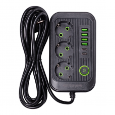 Сетевой фильтр удлинитель F16 на 3 розетки с USB портами и кнопкой отключения 3.8 м Черный HP-5-20