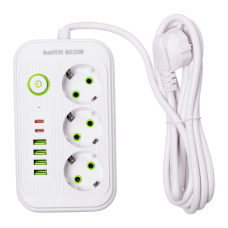 Сетевой фильтр кабель 2.7 м удлинитель F16 на 3 розетки 4 usb 2 type-c и кнопкой отключения Белый HP-5-19