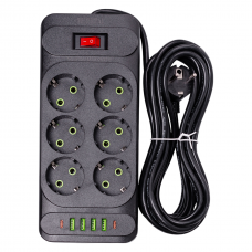Сетевой фильтр удлинитель 5 м на 6 розеток 4 USB 2 Type-C и кнопкой отключения HP-5-16
