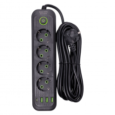 Сетевой фильтр 4.35 м удлинитель на 4 розетки с 3 USB 1 Type-C и кнопкой отключения HP-5-14