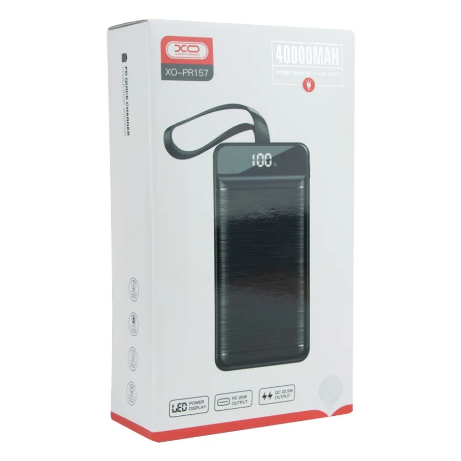 Універсальна Мобільна Батарея Power Bank XO PR157 QC22.5W PD20W digital display, with light, 40000 mAh Чорний