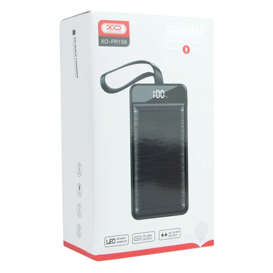 Універсальна Мобільна Батарея Power Bank XO PR159 QC22.5W PD20W digital display, with light, 60000 mAh Чорний
