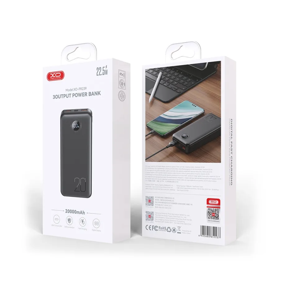 Універсальна Мобільна Батарея Power Bank XO PR239 PD20W/QC 22.5W digital display 20000 mAh Чорний