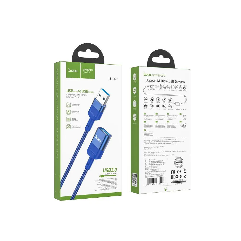 USB Подовжувач Hoco U107 USB male to USB female USB3.0 Колір Чорний