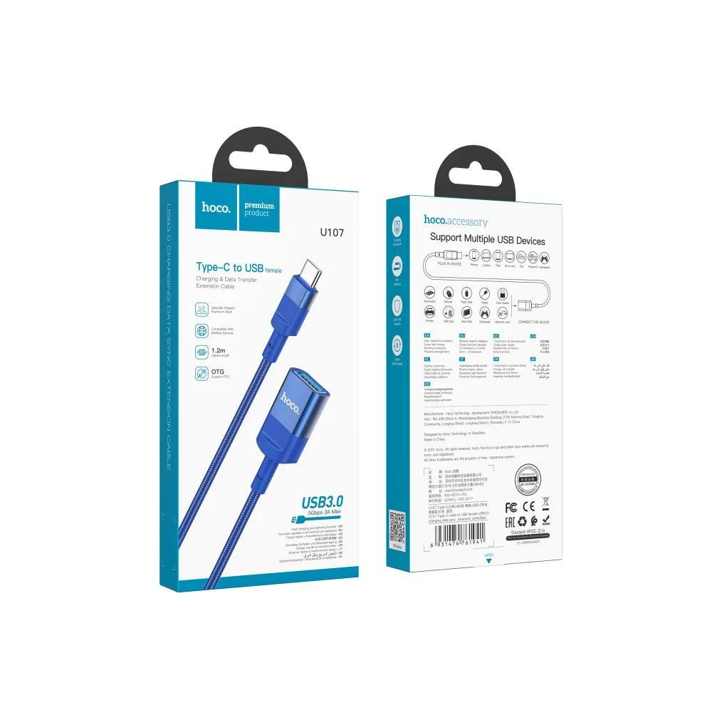 USB Подовжувач Hoco U107 Type-C male to USB female USB3.0 Колір Синiй