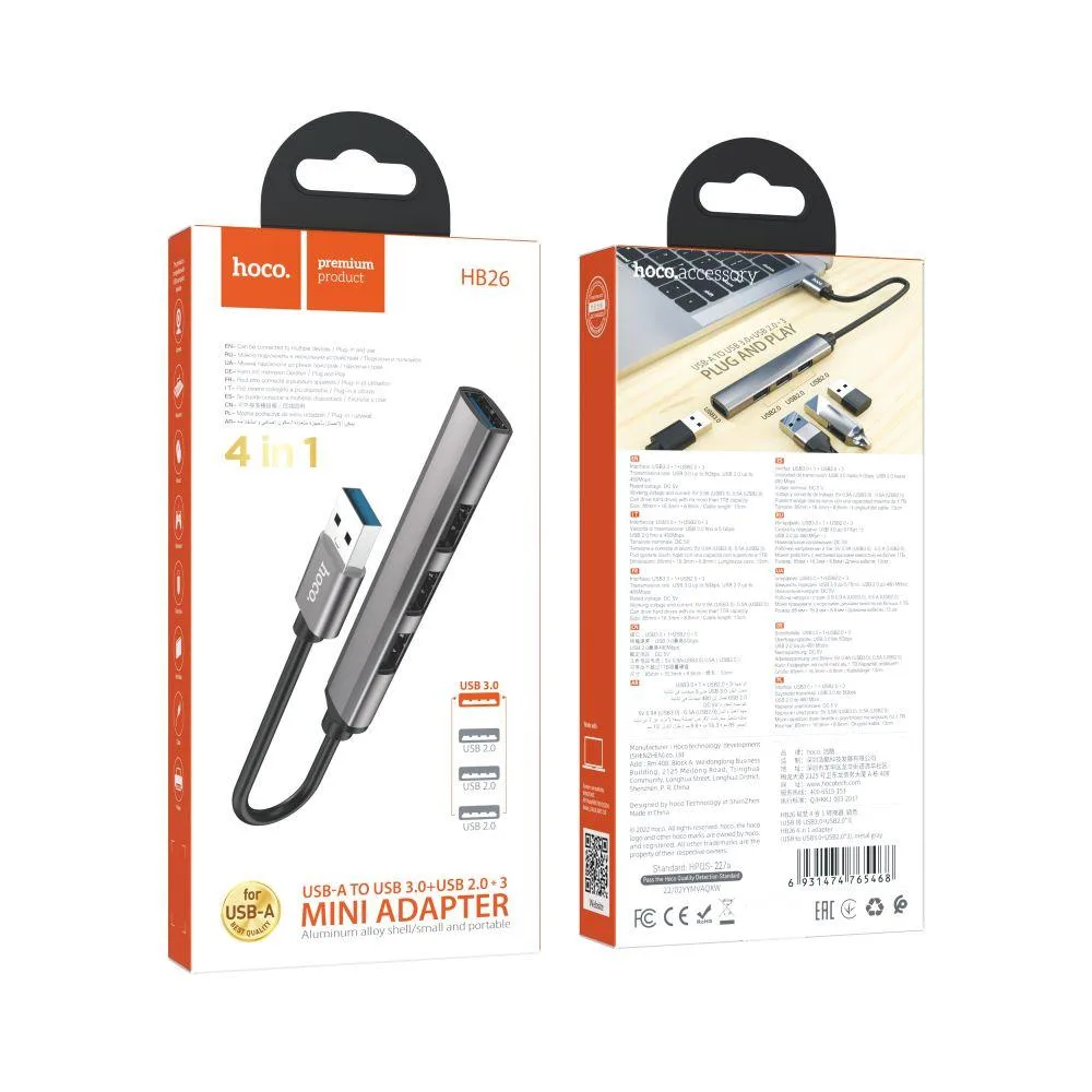 Хаб USB Hoco HB26 4 in 1 adapter(USB to USB3.0+USB2.0*3) Колір Срібло