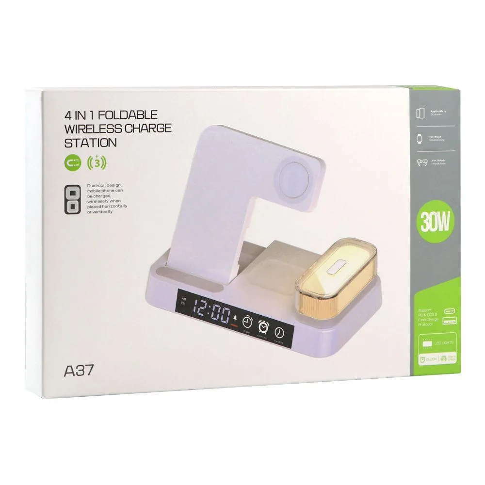 Бездротовий Зарядний Пристрій JJT-A37 5in1+Lamp/Alarm Clock 30W IP version Колір Бiлий
