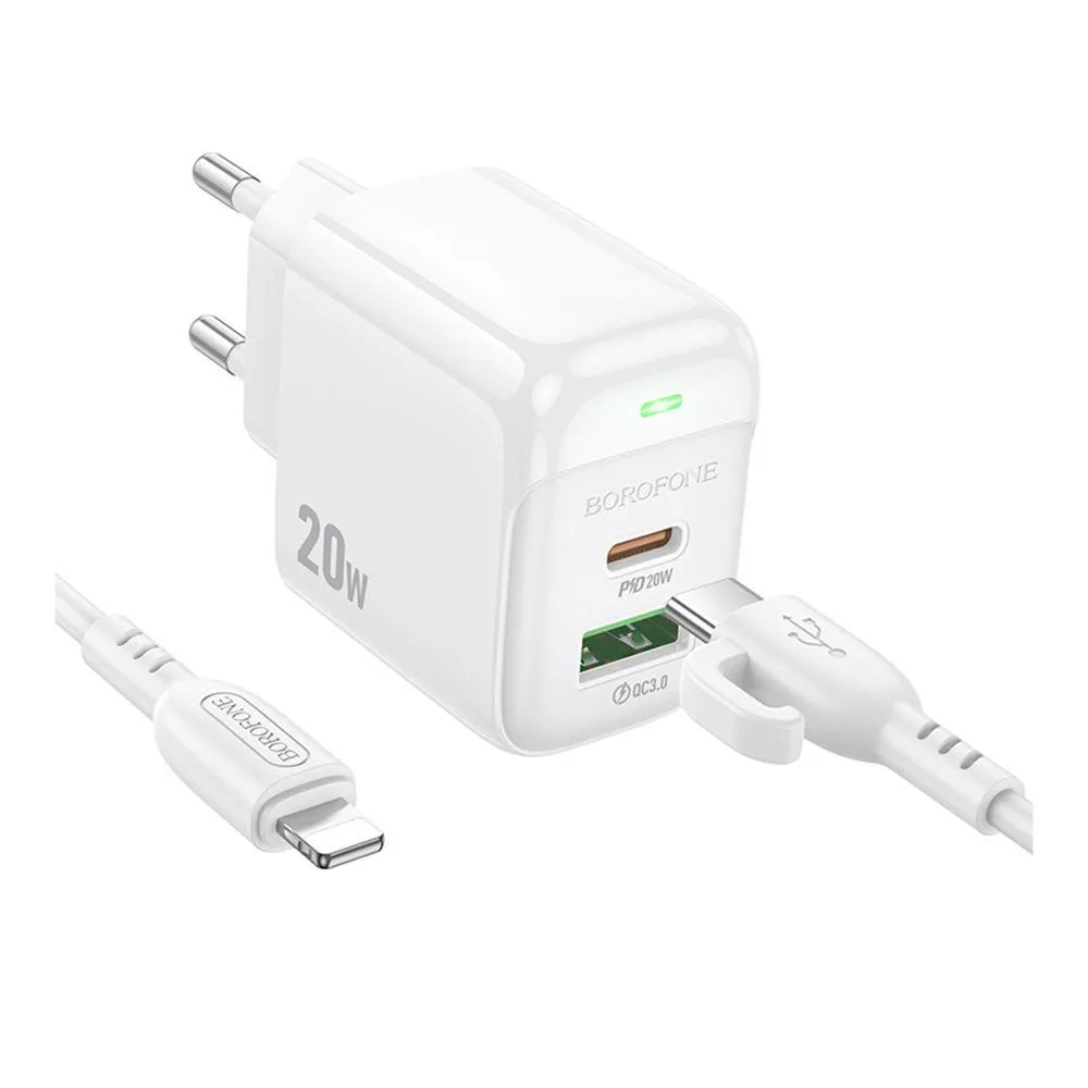 Мережевий Зарядний Пристрій Borofone BAS44A 1USB-C/1USB PD/QC 20W+Type-C to Lightning Бiлий