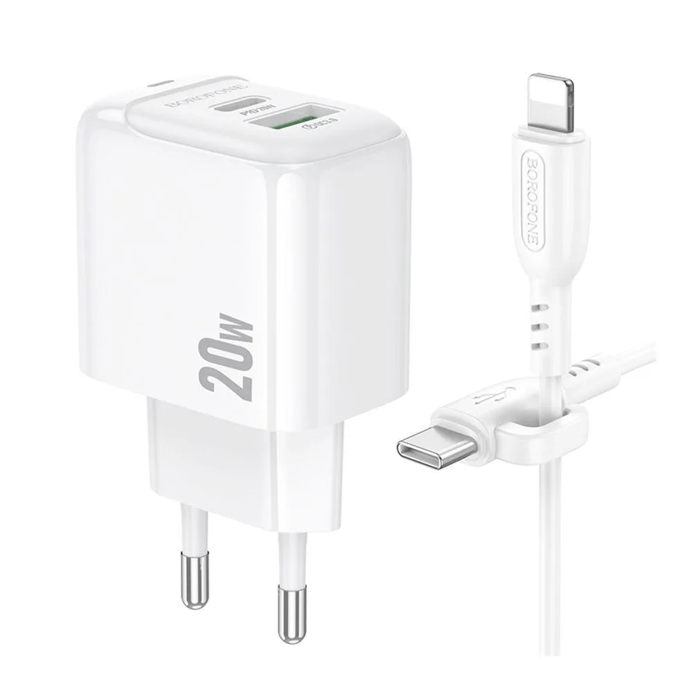 Мережевий Зарядний Пристрій Borofone BAS44A 1USB-C/1USB PD/QC 20W+Type-C to Lightning Бiлий