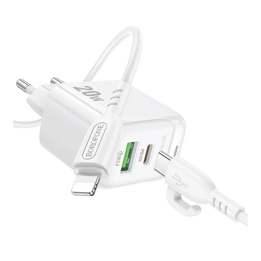 Мережевий Зарядний Пристрій Borofone BAS44A 1USB-C/1USB PD/QC 20W+Type-C to Lightning Бiлий