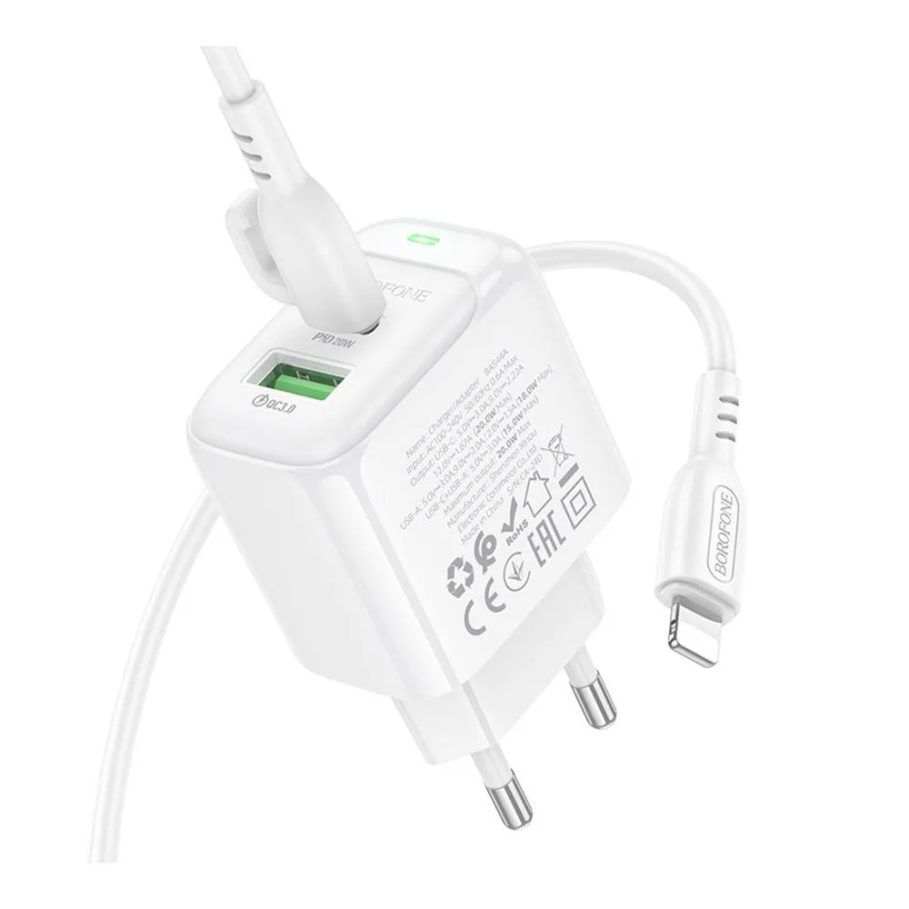 Мережевий Зарядний Пристрій Borofone BAS44A 1USB-C/1USB PD/QC 20W+Type-C to Lightning Бiлий