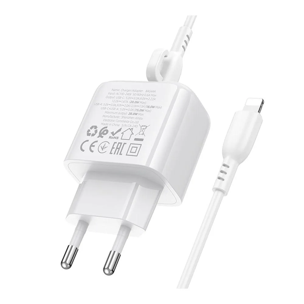Мережевий Зарядний Пристрій Borofone BAS44A 1USB-C/1USB PD/QC 20W+Type-C to Lightning Бiлий