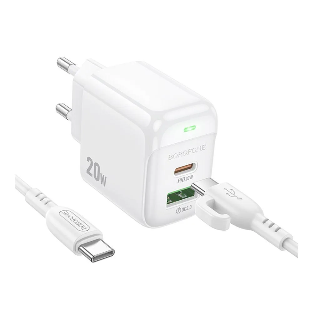 Мережевий Зарядний Пристрій Borofone BAS44A 1USB-C/1USB PD/QC 20W+Type-C to Type-C Бiлий