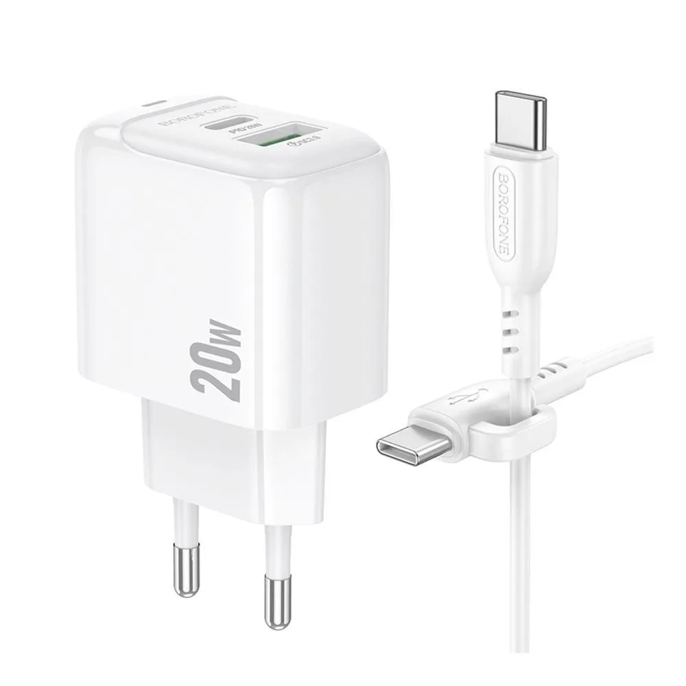 Мережевий Зарядний Пристрій Borofone BAS44A 1USB-C/1USB PD/QC 20W+Type-C to Type-C Бiлий